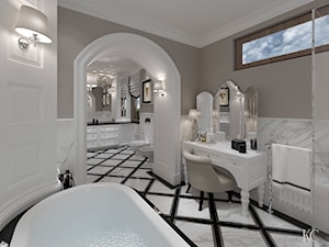 Konstancin Łazienka - Średnia na poddaszu z dwoma umywalkami łazienka z oknem, styl tradycyjny - zdjęcie od KCDESIGN