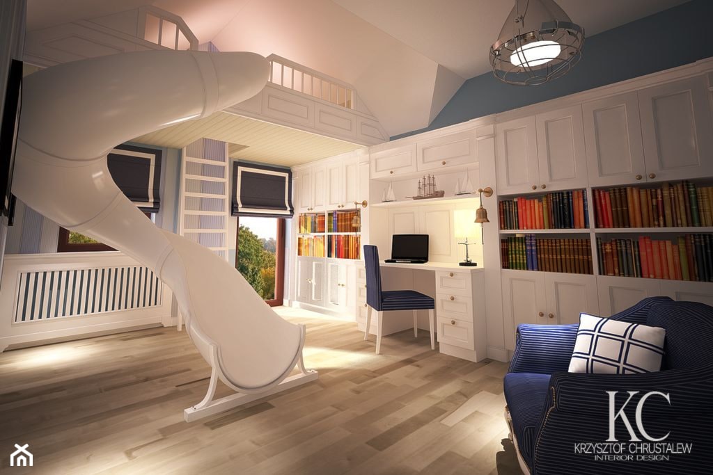 Pokój Marynarski - Duży biały niebieski z drabinkami pokój dziecka dla dziecka dla chłopca, styl glamour - zdjęcie od KCDESIGN - Homebook
