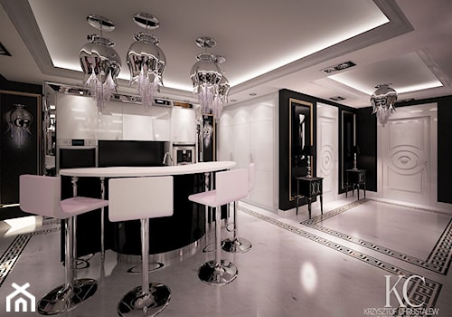 Apartament Glamour Warszawa - Średnia otwarta czarna z zabudowaną lodówką kuchnia w kształcie litery l z wyspą lub półwyspem, styl glamour - zdjęcie od KCDESIGN