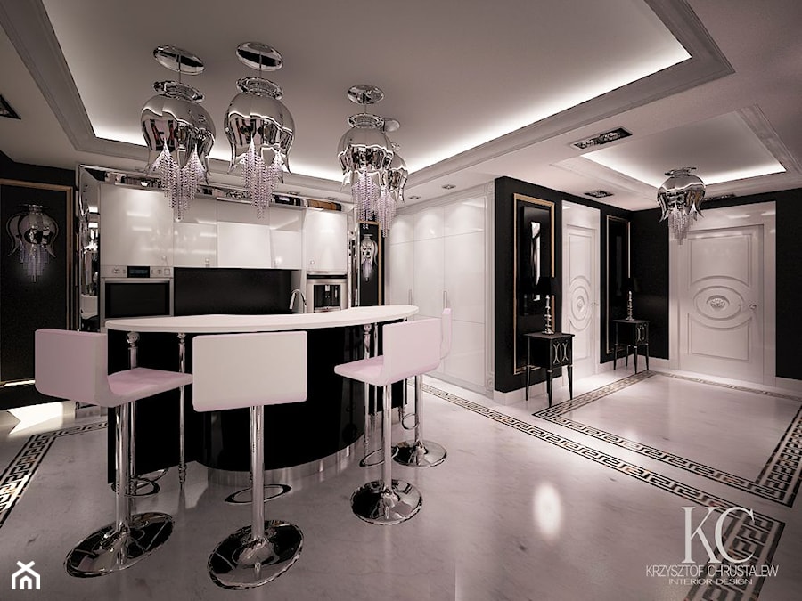 Apartament Glamour Warszawa - Średnia otwarta czarna z zabudowaną lodówką kuchnia w kształcie litery l z wyspą lub półwyspem, styl glamour - zdjęcie od KCDESIGN
