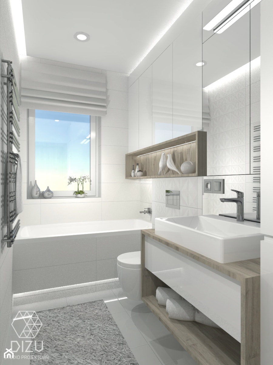 Łazienka w bieli i drewnie- Mieszkanie w Pruszkowie - zdjęcie od DIZU Studio Projektowe