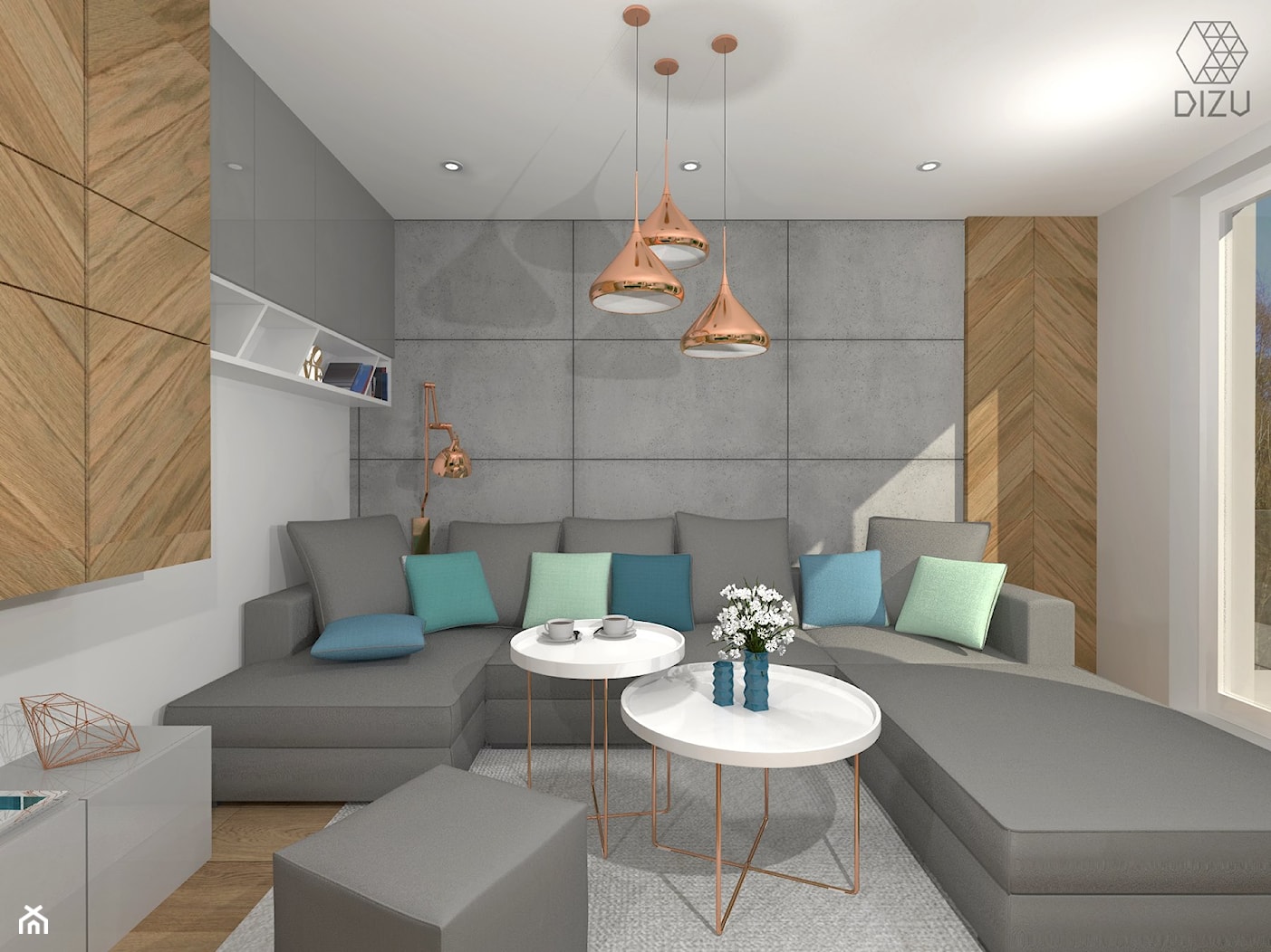 Mieszkanie z elementami betonu, miedzi i drewna - salon - zdjęcie od DIZU Studio Projektowe - Homebook