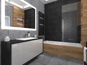 Nowoczesna łazienka z motywem drewna i czerni