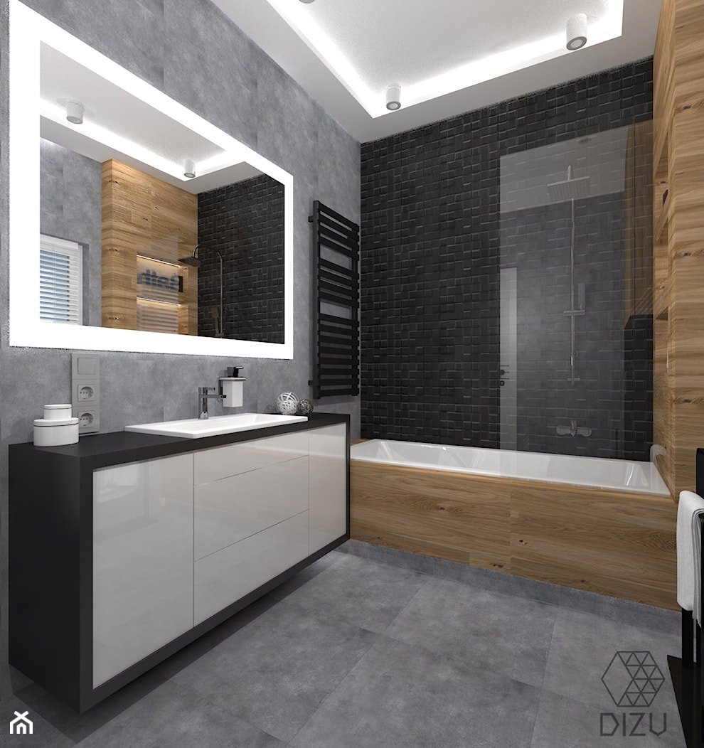 Nowoczesna łazienka z motywem drewna i czerni - zdjęcie od DIZU Studio Projektowe - Homebook