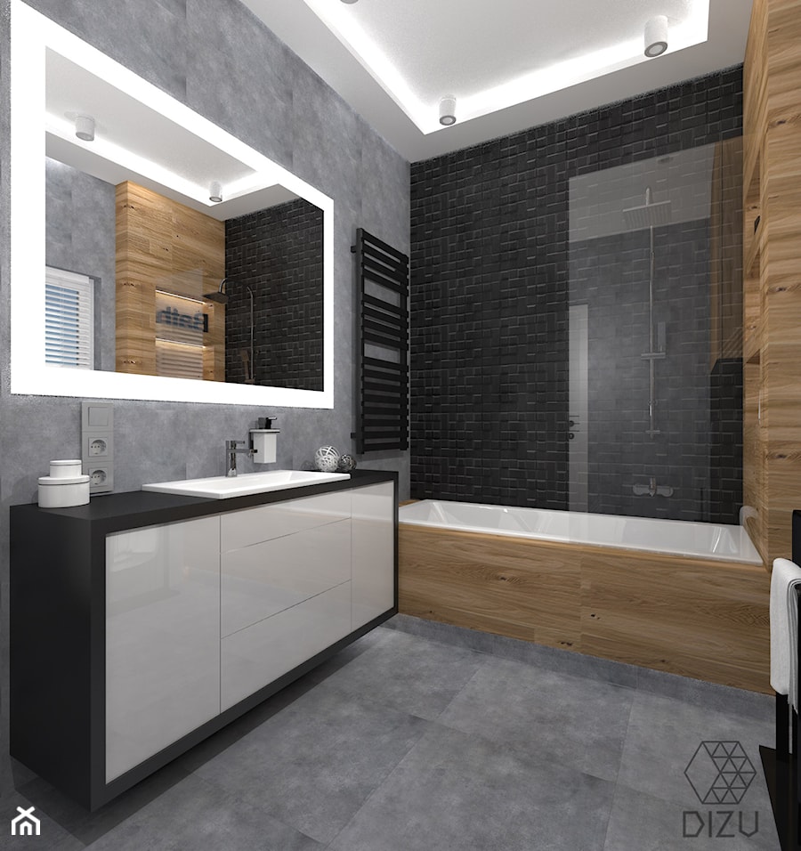 Nowoczesna łazienka z motywem drewna i czerni - zdjęcie od DIZU Studio Projektowe