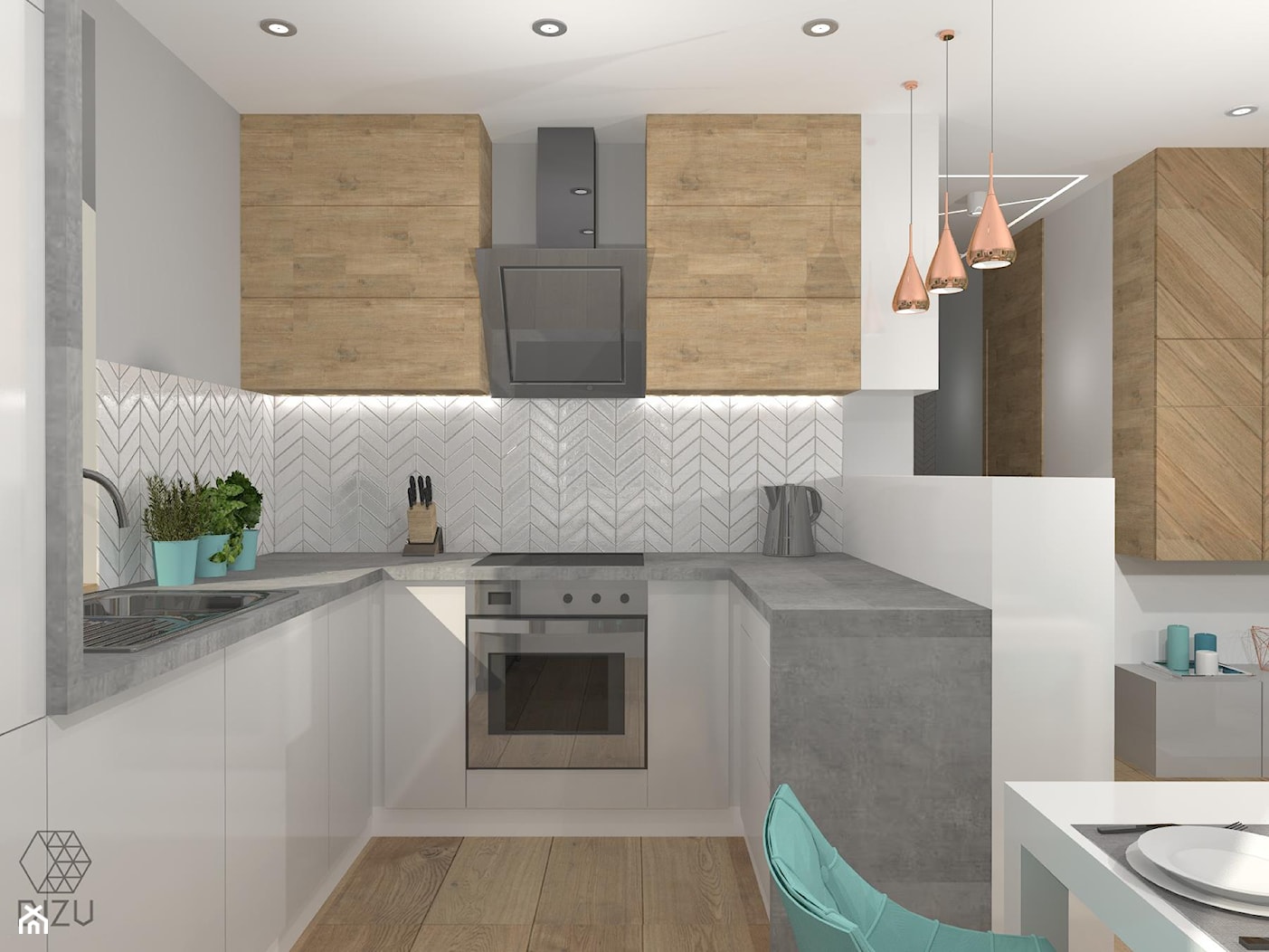 Mieszkanie z elementami betonu, miedzi i drewna - kuchnia - zdjęcie od DIZU Studio Projektowe - Homebook