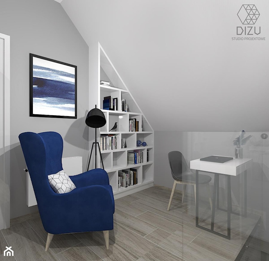 Dom w Bielsku-Białej - przedpokój na piętrze (wersja z niebieskim) - zdjęcie od DIZU Studio Projektowe