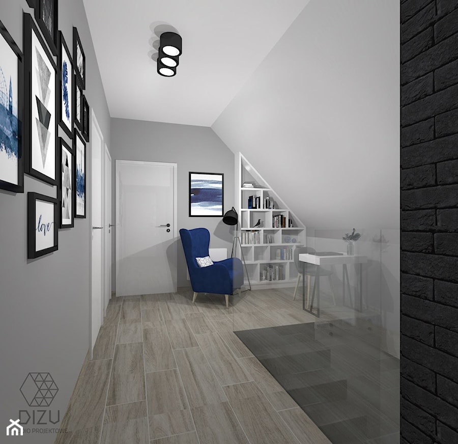 Dom w Bielsku-Białej - przedpokój na piętrze (wersja z niebieskim) - zdjęcie od DIZU Studio Projektowe