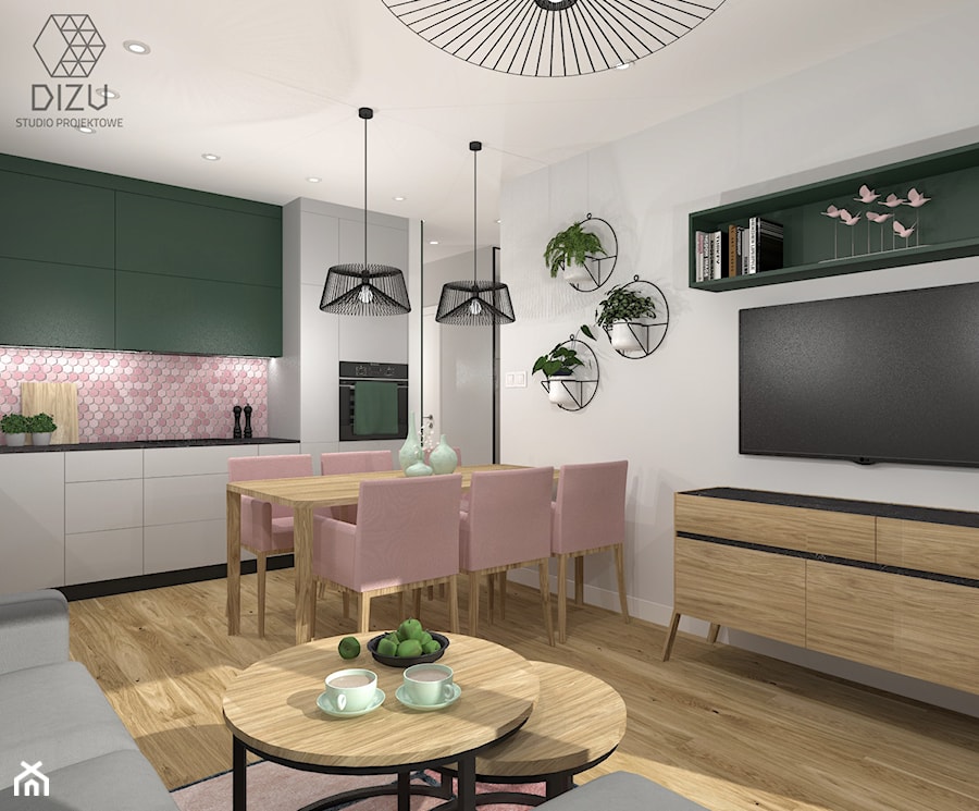 Pudrowy róż i zieleń - Mieszkanie w Warszawie (Salon) - zdjęcie od DIZU Studio Projektowe