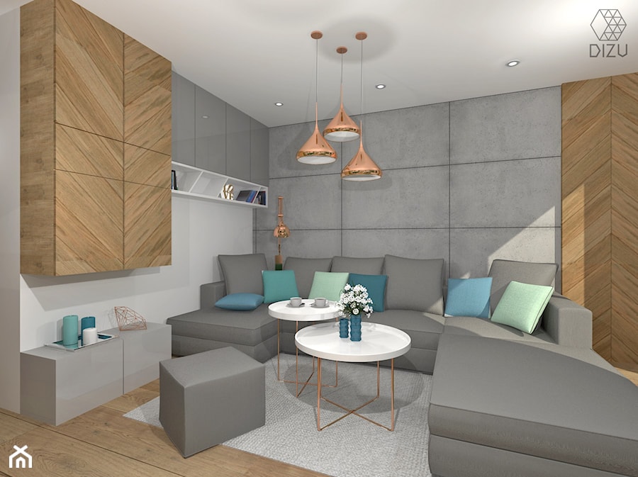 Mieszkanie z elementami betonu, miedzi i drewna - salon - zdjęcie od DIZU Studio Projektowe