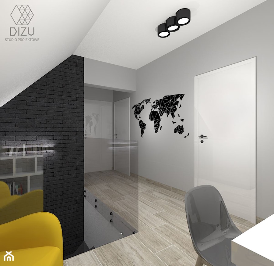 Dom w Bielsku-Białej - przedpokój na piętrze (wersja z żółtym) - zdjęcie od DIZU Studio Projektowe