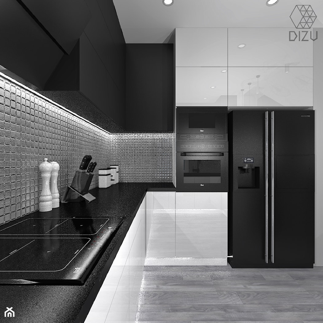 Biało-czarna kuchnia z metaliczną mozaiką - zdjęcie od DIZU Studio Projektowe - Homebook