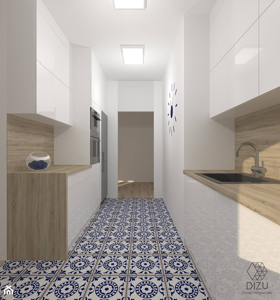 Kuchnia z niebiesko-białą mozaiką na podłodze - zdjęcie od DIZU Studio Projektowe - Homebook