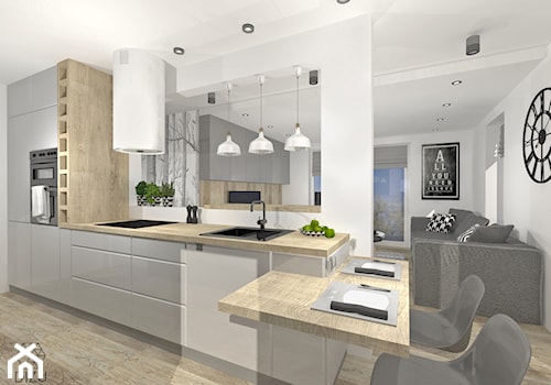 Salon z kuchnią w nowoczesnym stylu z przewagą szarości i bieli - zdjęcie od DIZU Studio Projektowe
