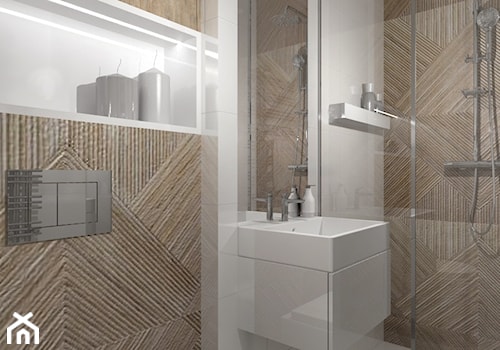 Malutka łazienka w bieli i drewnie- Mieszkanie w Pruszkowie - zdjęcie od DIZU Studio Projektowe