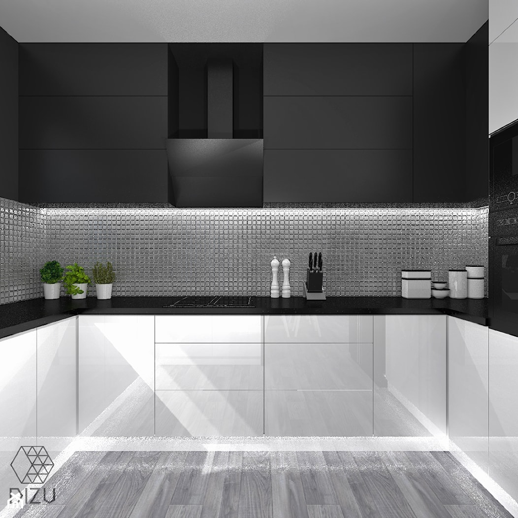 Biało-czarna kuchnia z metaliczną mozaiką - zdjęcie od DIZU Studio Projektowe - Homebook