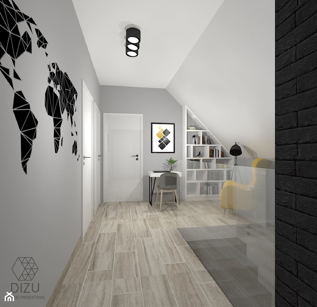 Dom w Bielsku-Białej - przedpokój na piętrze (wersja z żółtym) - zdjęcie od DIZU Studio Projektowe - Homebook