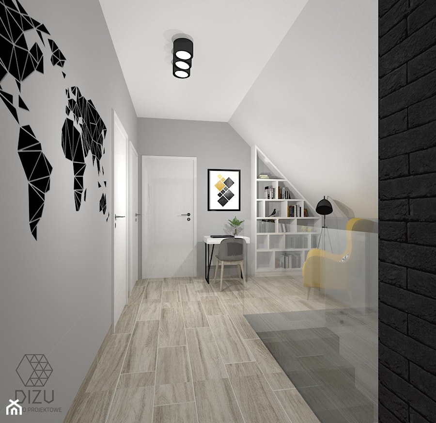 Dom w Bielsku-Białej - przedpokój na piętrze (wersja z żółtym) - zdjęcie od DIZU Studio Projektowe