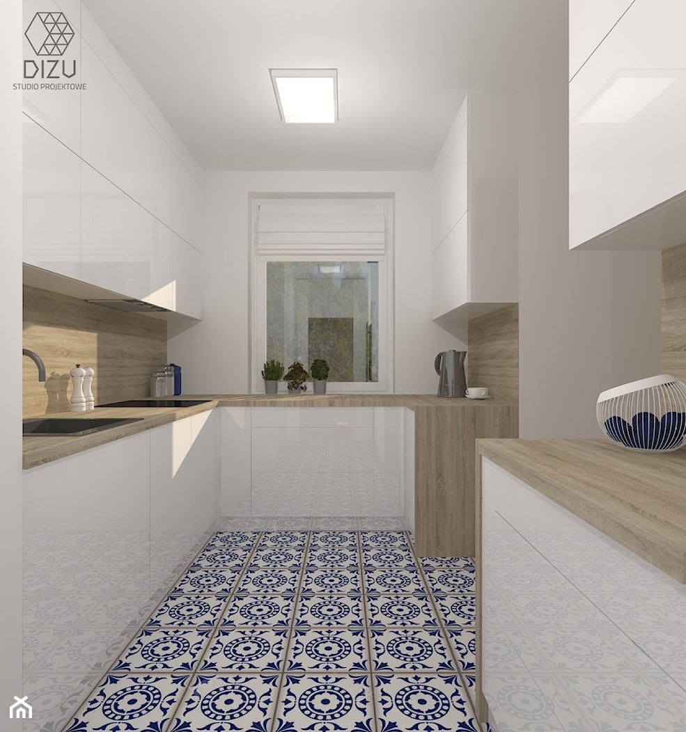 Kuchnia z niebiesko-białą mozaiką na podłodze - zdjęcie od DIZU Studio Projektowe - Homebook