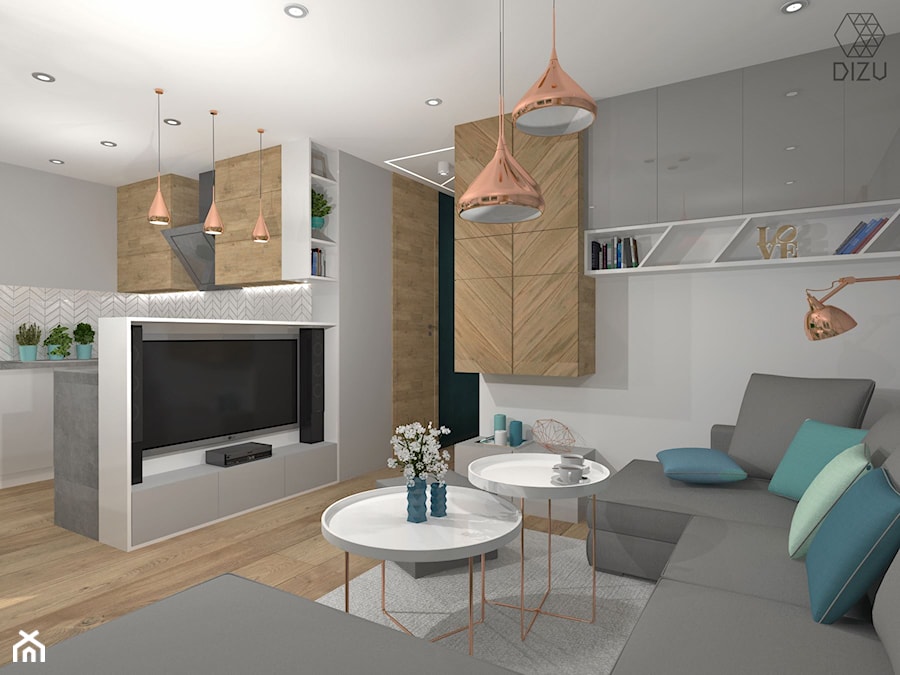 Mieszkanie z elementami betonu, miedzi i drewna - salon - zdjęcie od DIZU Studio Projektowe