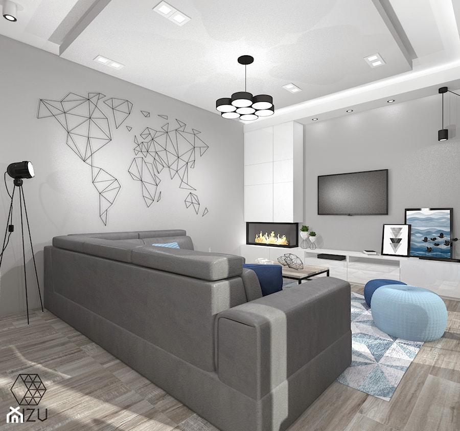 Mieszkanie z niebieskimi dodatkami- strefa dzienna - zdjęcie od DIZU Studio Projektowe