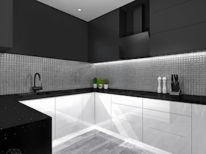 Biało-czarna kuchnia z metaliczną mozaiką - zdjęcie od DIZU Studio Projektowe