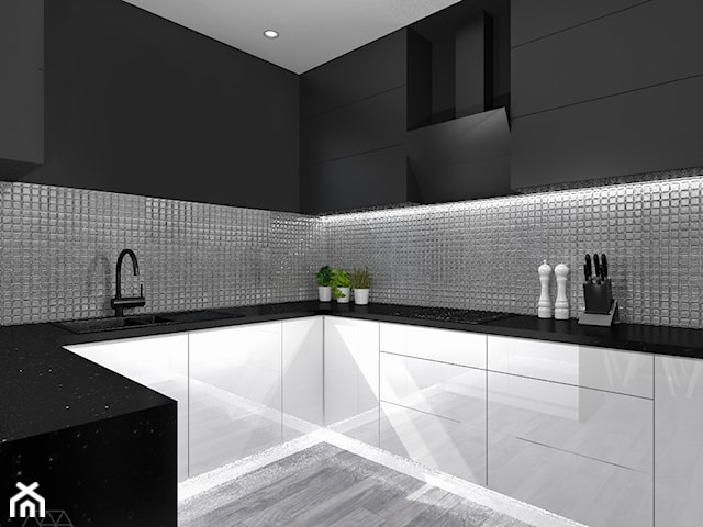 Biało-czarna kuchnia z metaliczną mozaiką