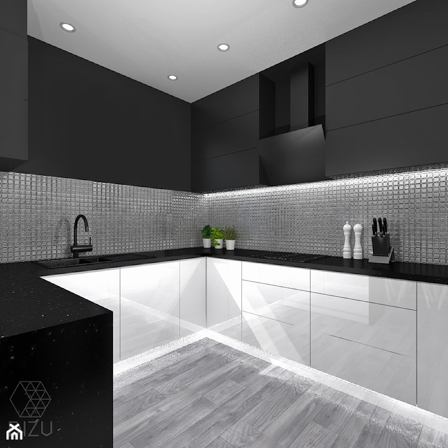 Biało-czarna kuchnia z metaliczną mozaiką - zdjęcie od DIZU Studio Projektowe