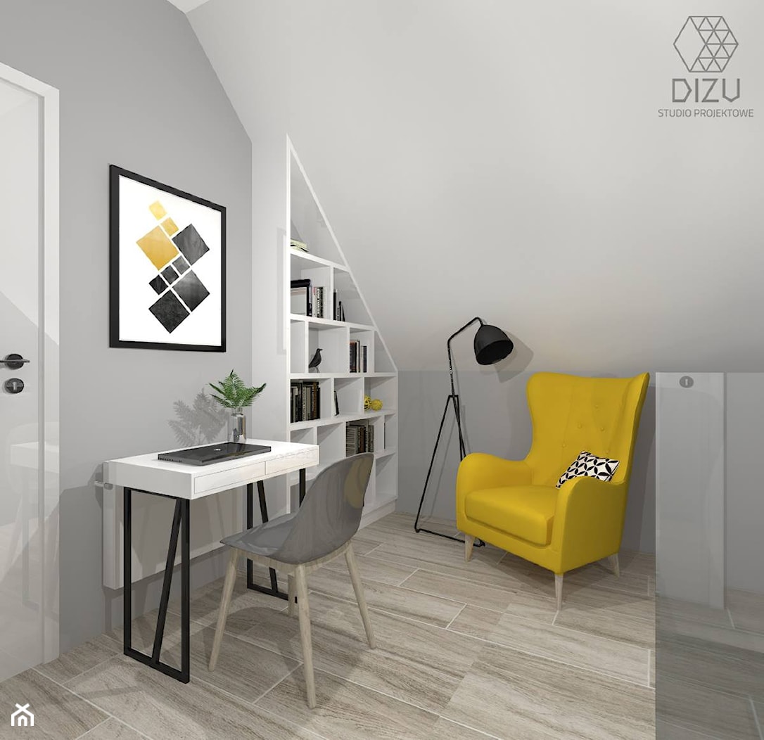 Dom w Bielsku-Białej - przedpokój na piętrze (wersja z żółtym) - zdjęcie od DIZU Studio Projektowe - Homebook