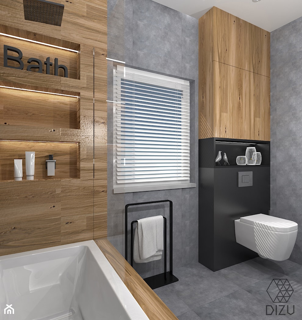 Nowoczesna łazienka z motywem drewna i czerni - zdjęcie od DIZU Studio Projektowe - Homebook