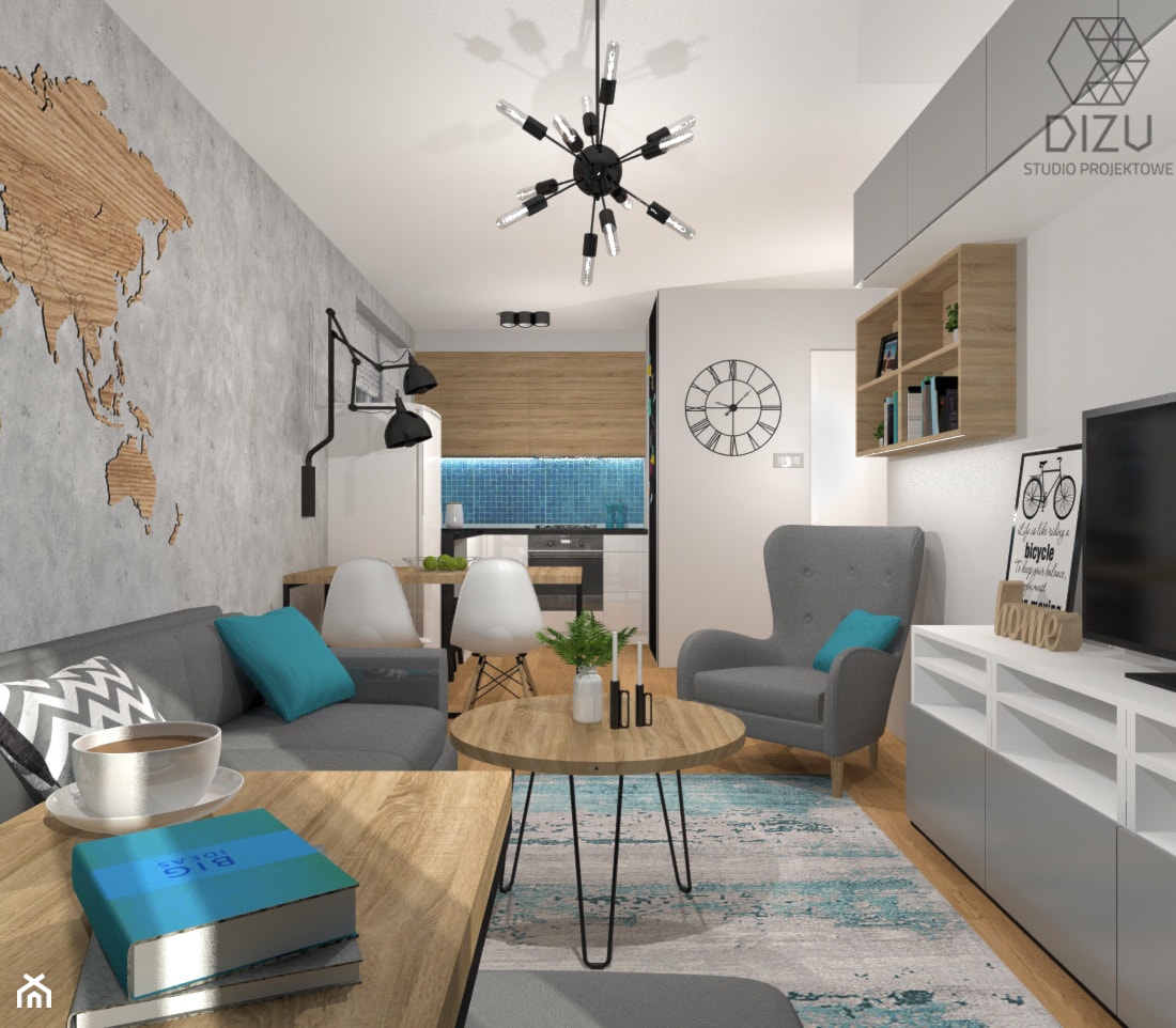 Małe mieszkanie w industrialnym stylu z niebieskimi dodatkami - zdjęcie od DIZU Studio Projektowe - Homebook