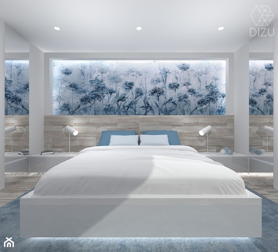 Jasna sypialnia z niebieskimi akcentami - zdjęcie od DIZU Studio Projektowe