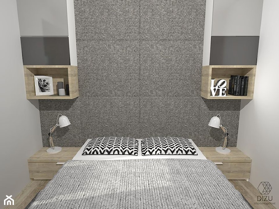 Sypialnia w nowoczesnym stylu z przewagą szarości i bieli - zdjęcie od DIZU Studio Projektowe