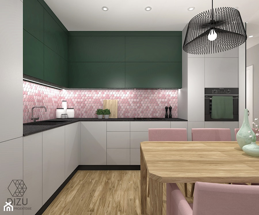 Pudrowy róż i zieleń - Mieszkanie w Warszawie (Kuchnia) - zdjęcie od DIZU Studio Projektowe