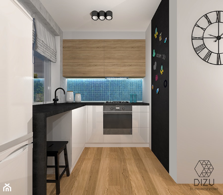 Małe mieszkanie w industrialnym stylu z niebieskimi dodatkami - zdjęcie od DIZU Studio Projektowe