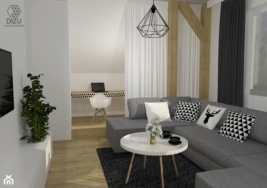 Mieszkanie na piętrze w domu jednorodzinnym - Średni biały salon, styl nowoczesny - zdjęcie od DIZU Studio Projektowe