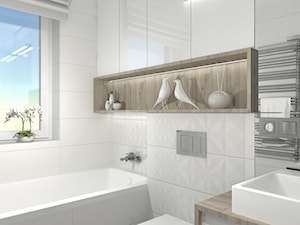 Łazienka w bieli i drewnie- Mieszkanie w Pruszkowie