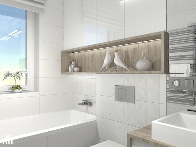 Łazienka w bieli i drewnie- Mieszkanie w Pruszkowie