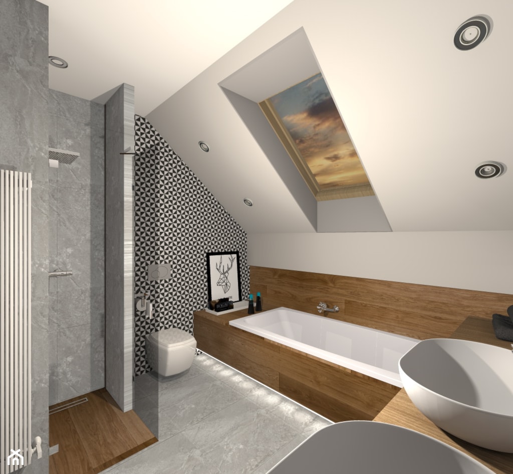 łazienki - Średnia na poddaszu z dwoma umywalkami z punktowym oświetleniem łazienka z oknem, styl nowoczesny - zdjęcie od PROVISUAL BIURO PROJEKTOWE - Homebook