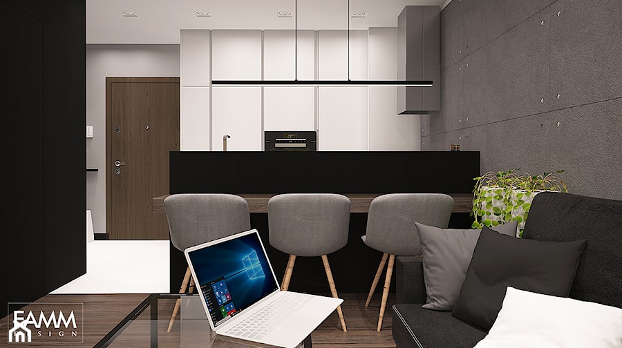 DLA SINGLA - Średnia otwarta z salonem czarna z zabudowaną lodówką kuchnia dwurzędowa, styl minimalistyczny - zdjęcie od FAMM DESIGN