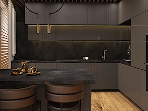 LUBLIN PO MOJEMU - Średnia otwarta z kamiennym blatem czarna z zabudowaną lodówką z podblatowym zlewozmywakiem kuchnia w kształcie litery l z oknem, styl nowoczesny - zdjęcie od FAMM DESIGN