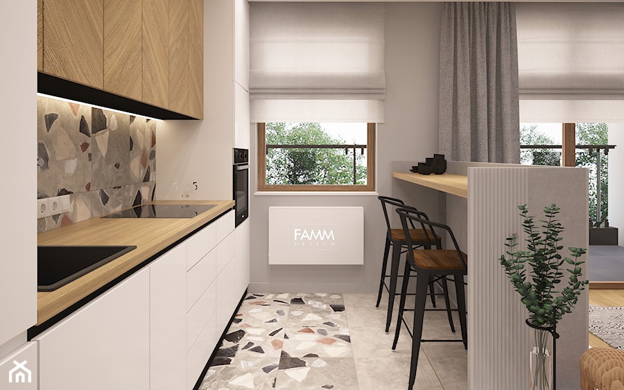 STRACCIATELLA - Średnia otwarta z salonem biała szara z zabudowaną lodówką z nablatowym zlewozmywakiem kuchnia dwurzędowa z oknem z marmurem nad blatem kuchennym, styl skandynawski - zdjęcie od FAMM DESIGN