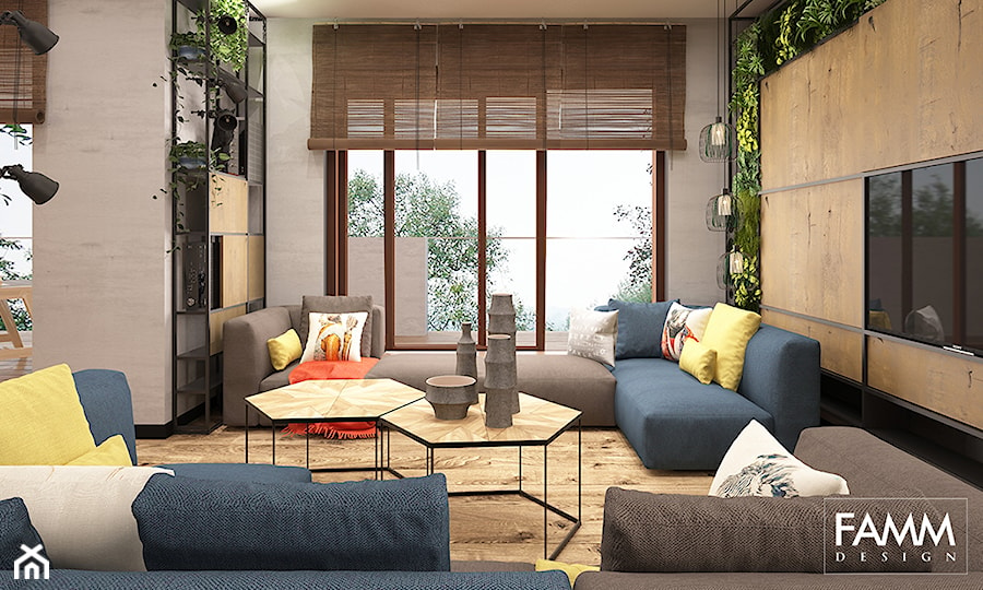 LOFT LOVE - Średni beżowy salon z tarasem / balkonem, styl industrialny - zdjęcie od FAMM DESIGN