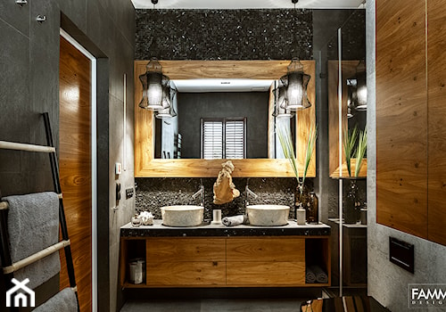 SESJA WILANÓW - Mała z lustrem z dwoma umywalkami z punktowym oświetleniem łazienka z oknem, styl nowoczesny - zdjęcie od FAMM DESIGN