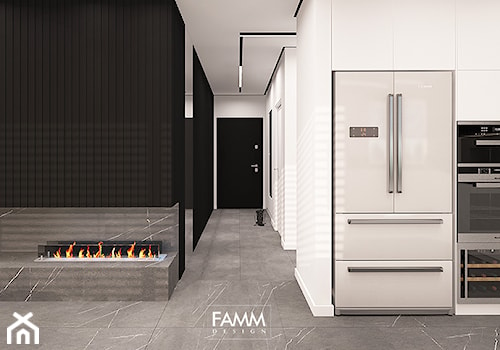 BLACK & WHITE - Mała otwarta z salonem biała czarna z zabudowaną lodówką kuchnia jednorzędowa, styl minimalistyczny - zdjęcie od FAMM DESIGN