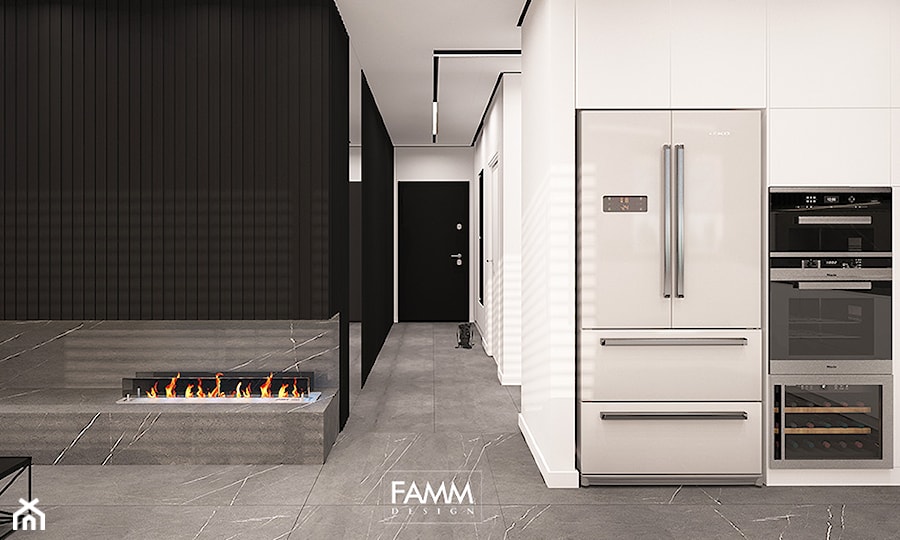 BLACK & WHITE - Mała otwarta z salonem biała czarna z zabudowaną lodówką kuchnia jednorzędowa, styl minimalistyczny - zdjęcie od FAMM DESIGN