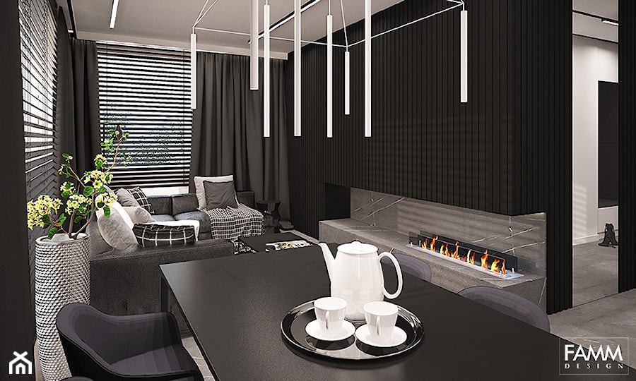 BLACK & WHITE - Średni czarny szary salon z jadalnią, styl minimalistyczny - zdjęcie od FAMM DESIGN