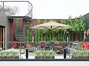 ELEGANCKI TORUŃ - Duży z meblami ogrodowymi z donicami na kwiaty z kominkiem taras z tyłu domu, styl nowoczesny - zdjęcie od FAMM DESIGN