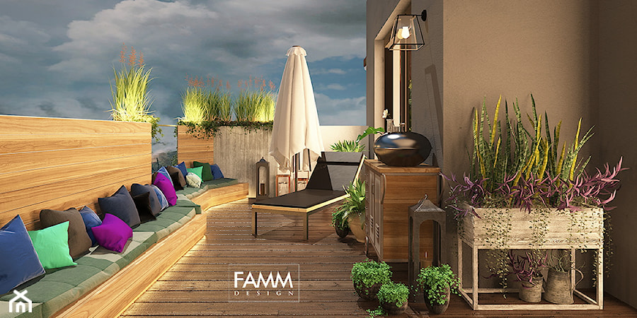 LOFT LOVE - Duży z meblami ogrodowymi z donicami na kwiaty taras z tyłu domu, styl industrialny - zdjęcie od FAMM DESIGN