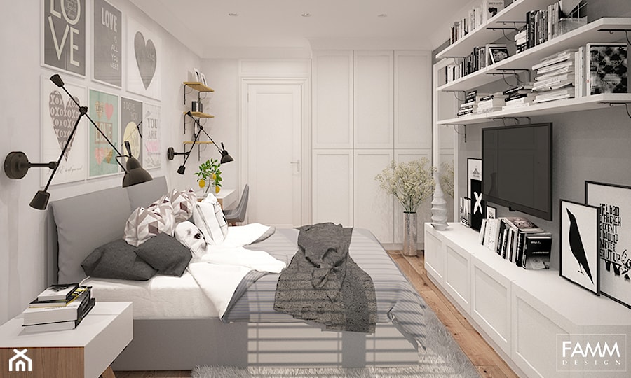 SKANDYNAWSKI LOOK - Średnia biała szara sypialnia, styl skandynawski - zdjęcie od FAMM DESIGN